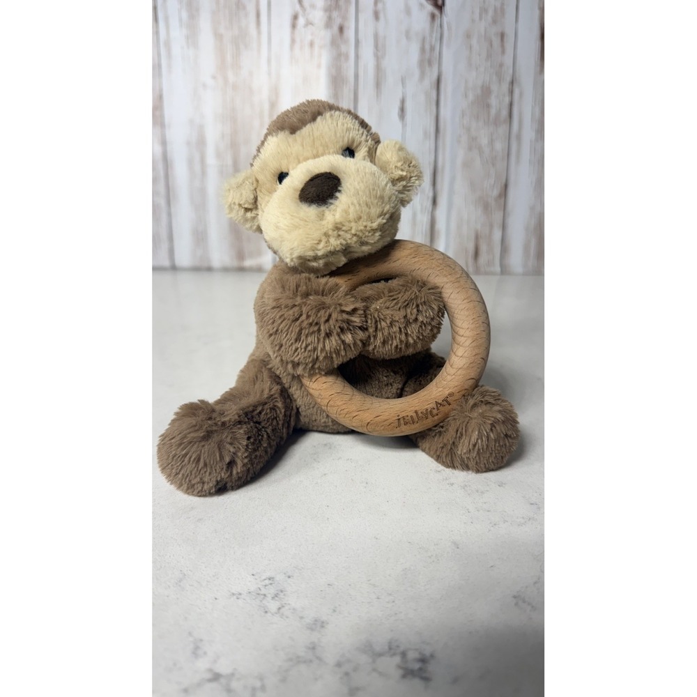 Jellycat Shooshu Monkey Wooden Ring 5" Soft Plush Toy Baby Rattle